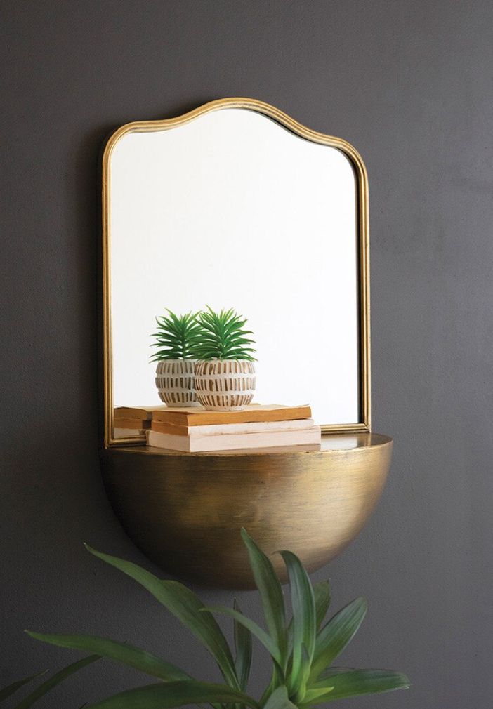 Antique Brass Metal Framed Mirror with Shelf