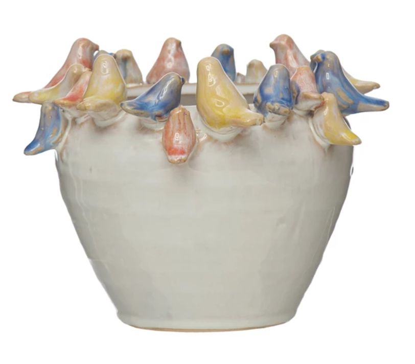 Stoneware Planter with Birds on Rim