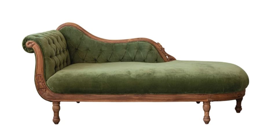 Cotton Velvet Upholstered Chaise Lounge w/ Carved Wood Frame