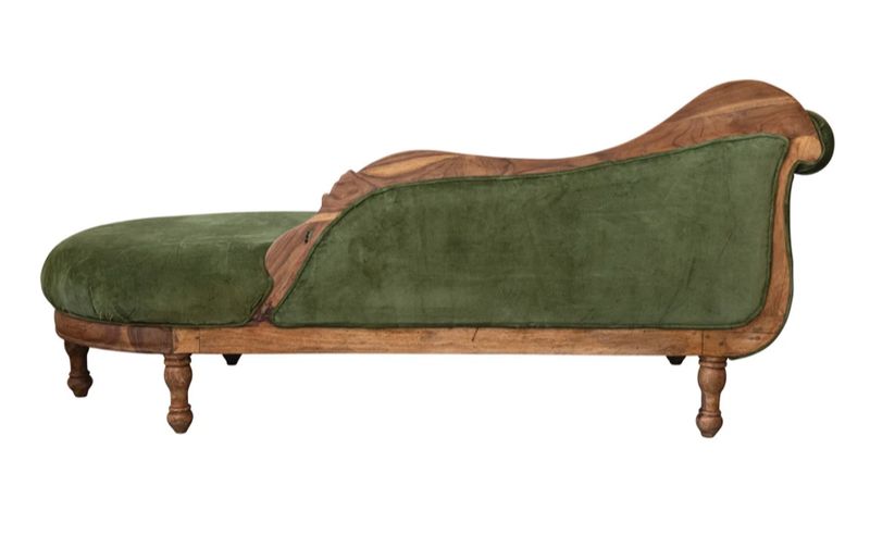 Cotton Velvet Upholstered Chaise Lounge w/ Carved Wood Frame