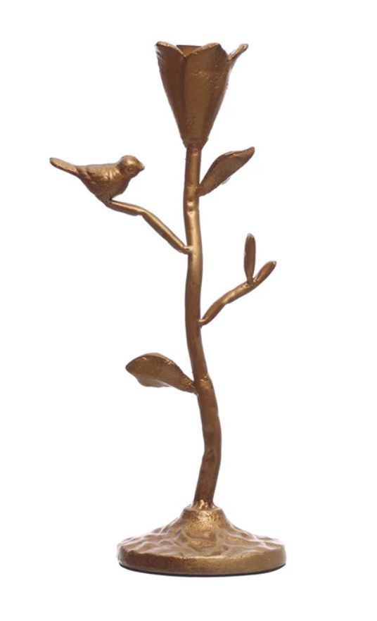 Hand-Forged Cast Iron Flower Taper Holder w/ Flowers &amp; Bird