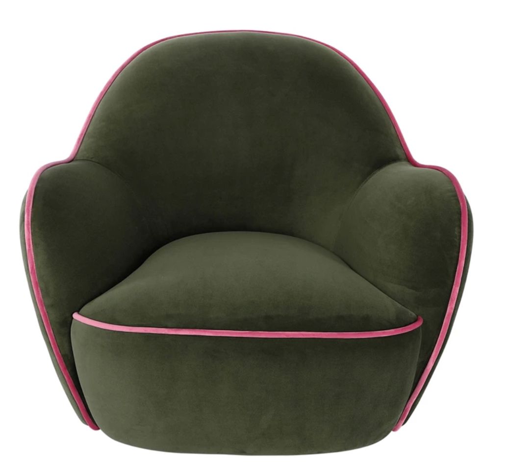 Velvet Upholstered Swivel Chair w/ Pink Piping