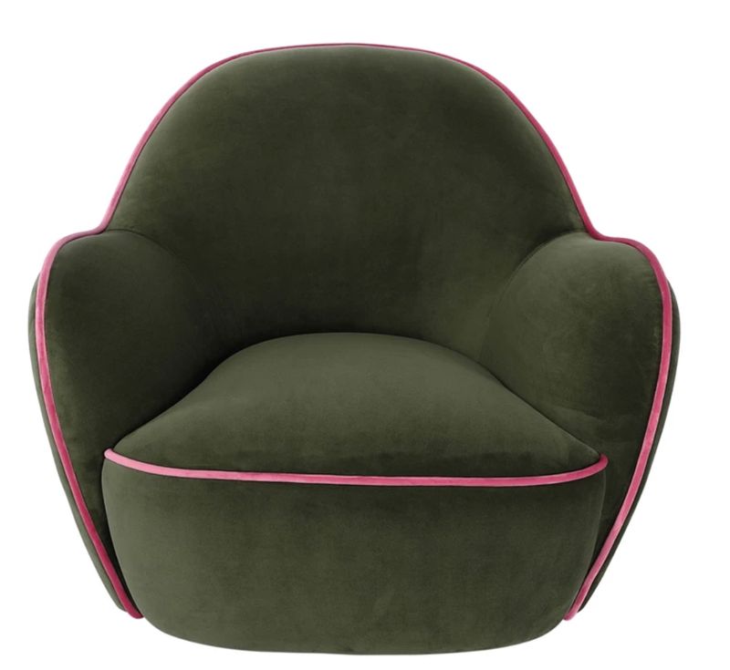 Velvet Upholstered Swivel Chair w/ Pink Piping