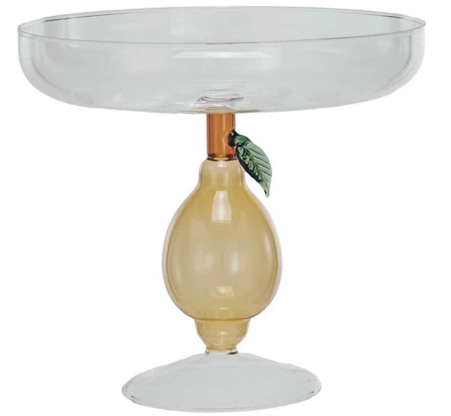 Glass Pedestal w/ Lemon Shaped Base, Green &amp; Amber Color