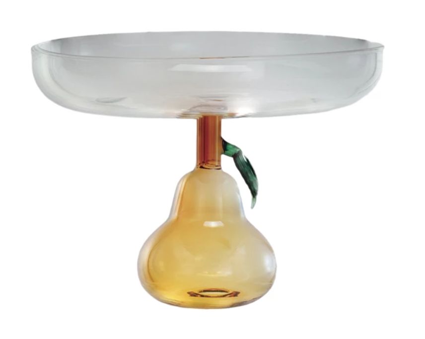 Glass Pedestal w/ Pear Shaped Base, Green &amp; Amber Color
