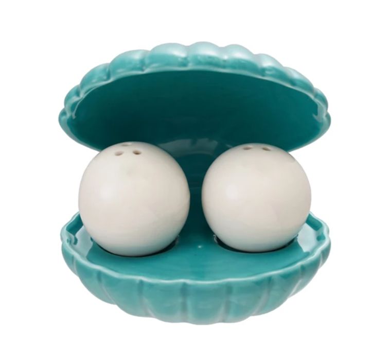 Stoneware Salt &amp; Pepper Shakers with Shell Shaped Holder Set