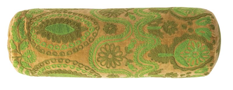 Green Cotton Velvet Embroidered Bolster Pillow