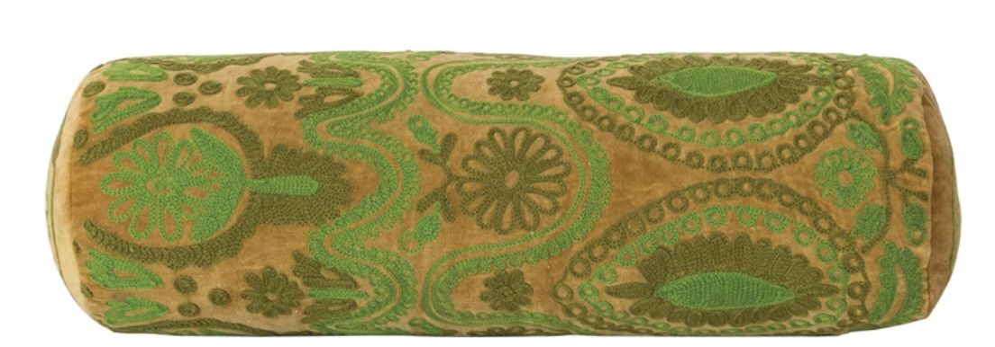 Green Cotton Velvet Embroidered Bolster Pillow