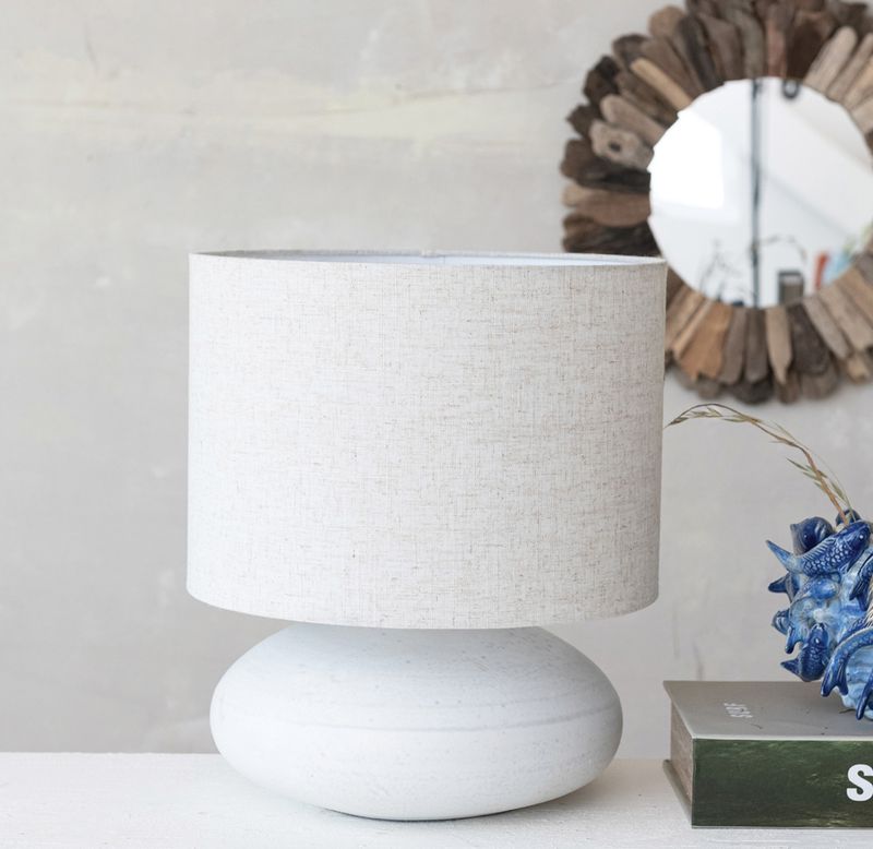 Stoneware Table Lamp with Linen Shade, Matte White