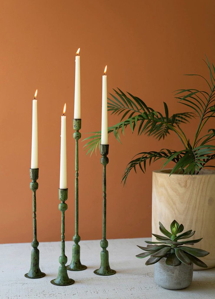 Forged Iron Green Patina Candle Holders Set of 4
