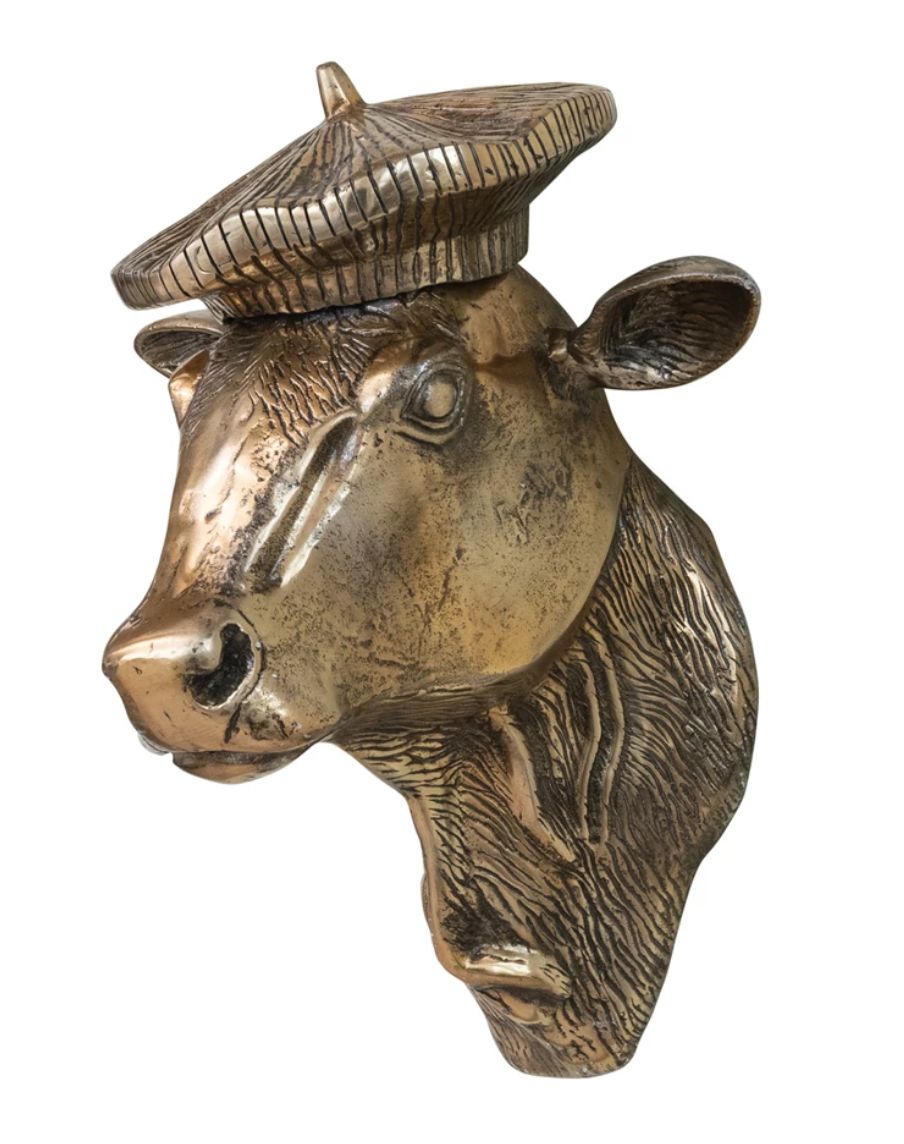 Antique Gold Aluminum Cow Head with Beret Wall Décor