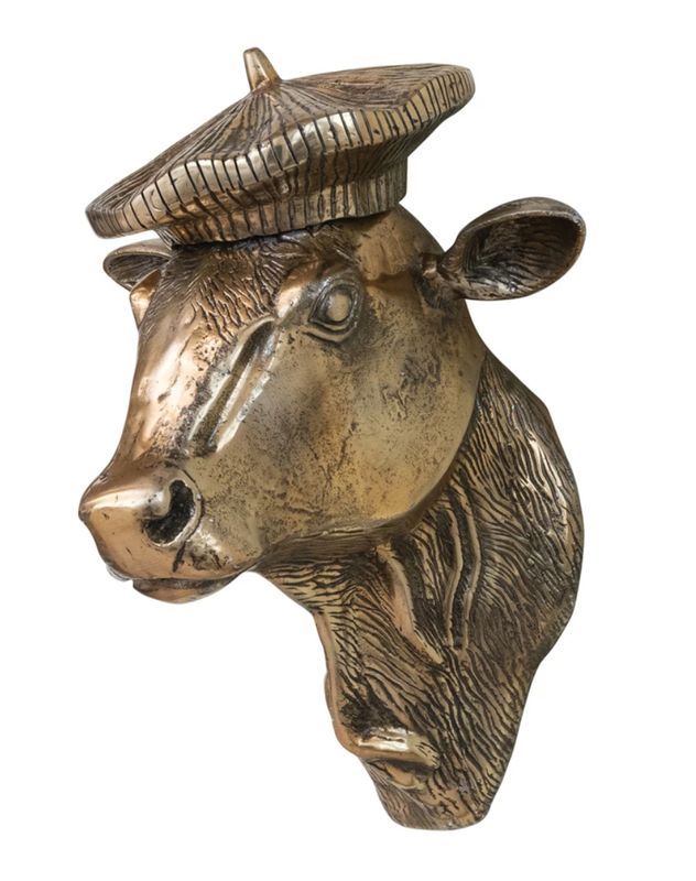 Antique Gold Aluminum Cow Head with Beret Wall Décor