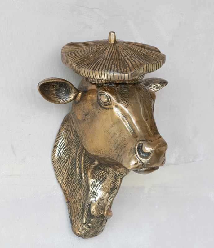 Antique Gold Aluminum Cow Head with Beret Wall Décor