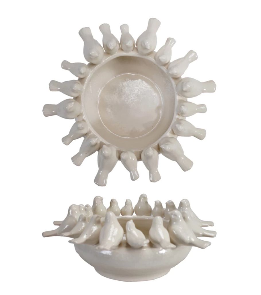 White Decorative Stoneware Bowl/Planter with Birds