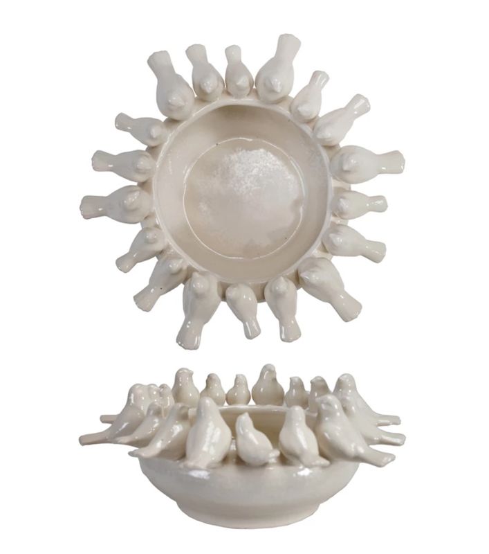 White Decorative Stoneware Bowl/Planter with Birds