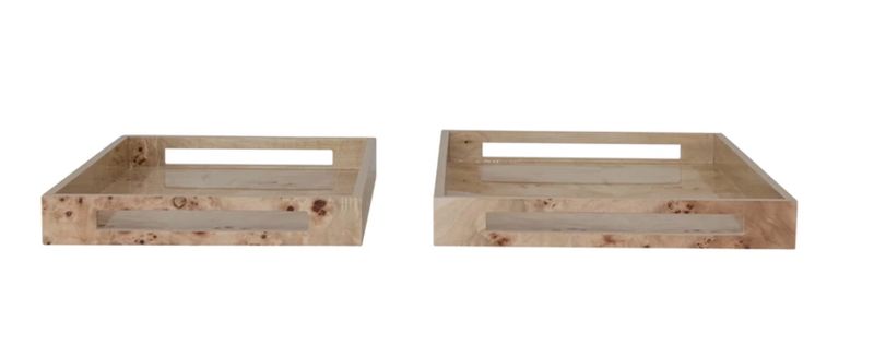 Burl Wood Veneer Trays w/ Handles Set of 2