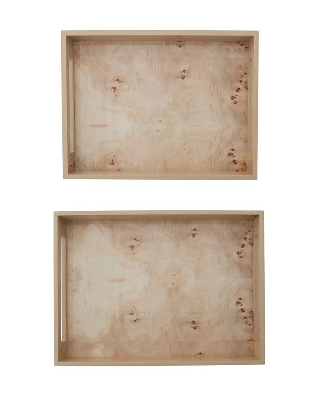 Burl Wood Veneer Trays w/ Handles Set of 2