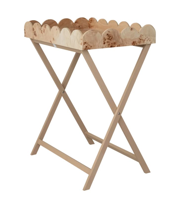 Burl Wood Veneer Folding Table w/ Removable Scalloped Tray