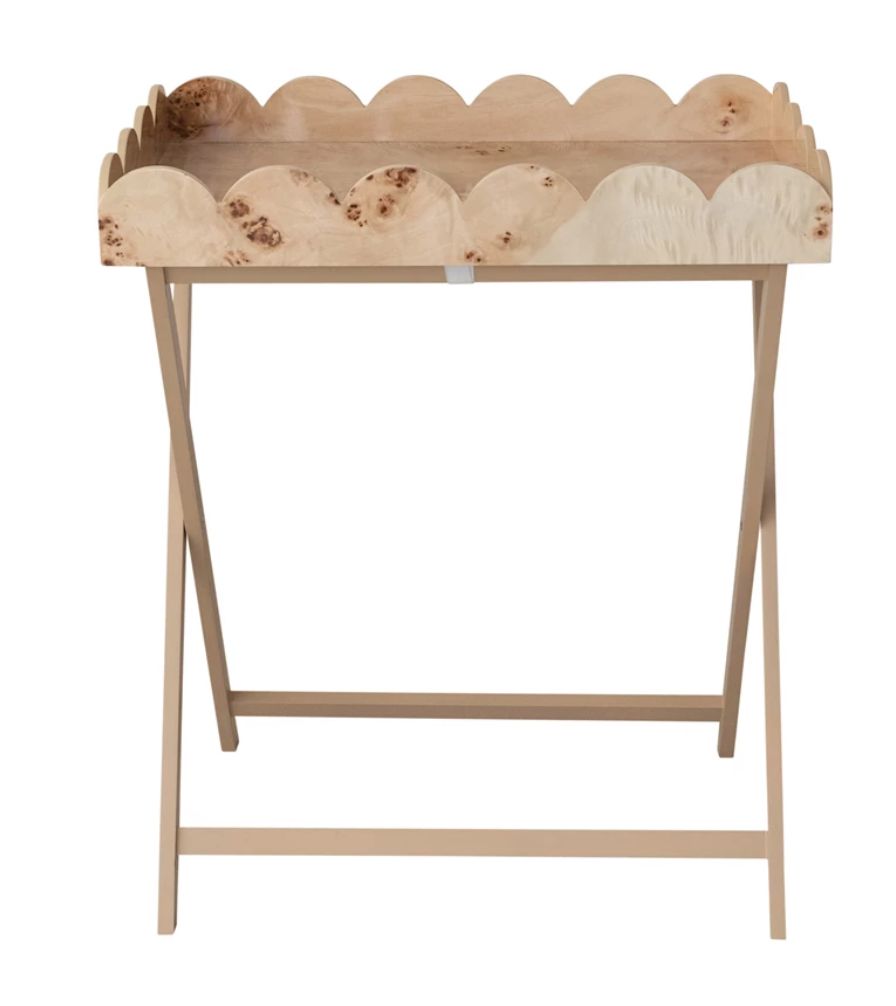 Burl Wood Veneer Folding Table w/ Removable Scalloped Tray