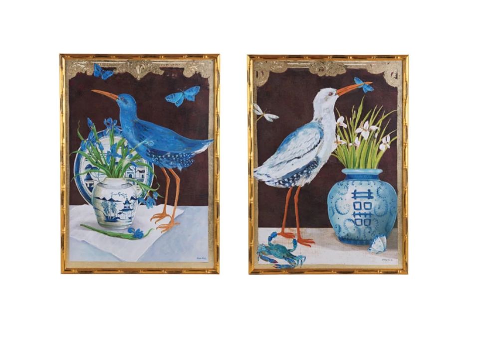 Faux Bamboo Framed Canvas w/ Bird  22&quot;W x 30&quot;
