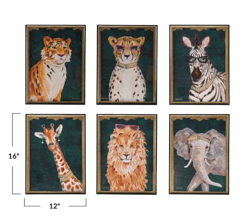Hand-Painted Animal w/ Accessories in Smoke Color Acrylic Box Frame 12"W x 16"H