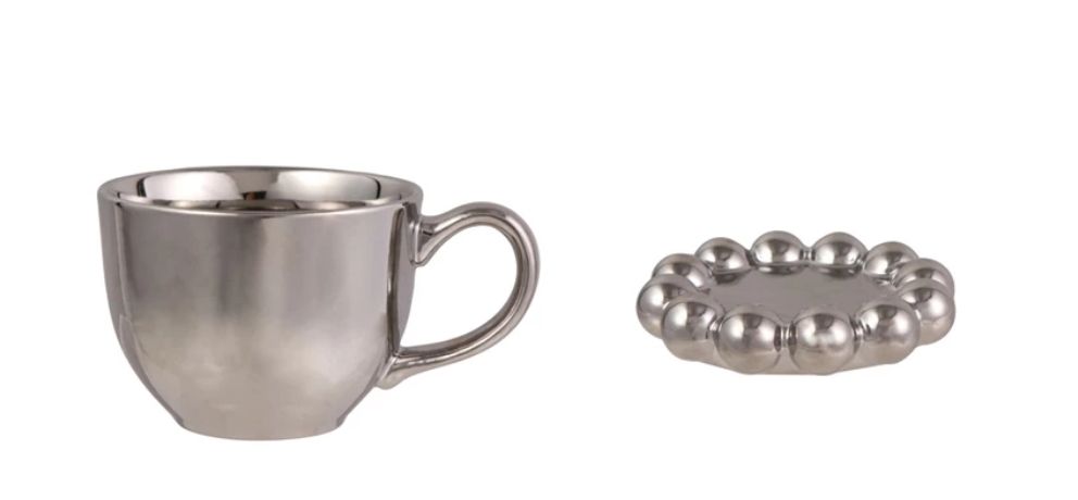 12 oz. Chrome Finish Mug Round Ball Edge Saucer Set of 2