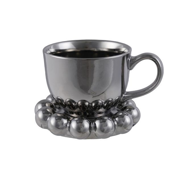 12 oz. Chrome Finish Mug Round Ball Edge Saucer Set of 2