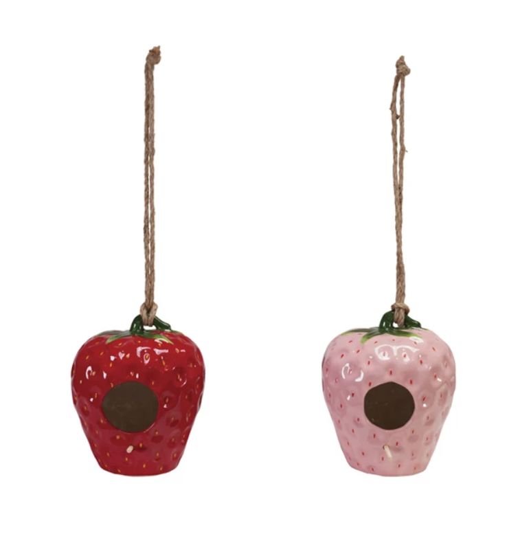 Hanging Hand-Painted Stoneware Bird House with Perch