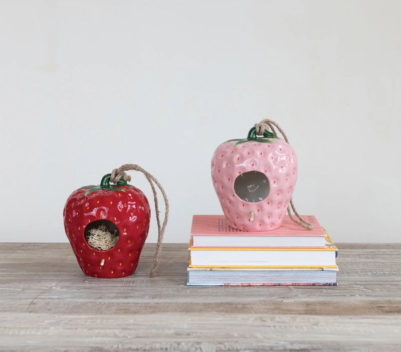 Hanging Hand-Painted Stoneware Bird House with Perch