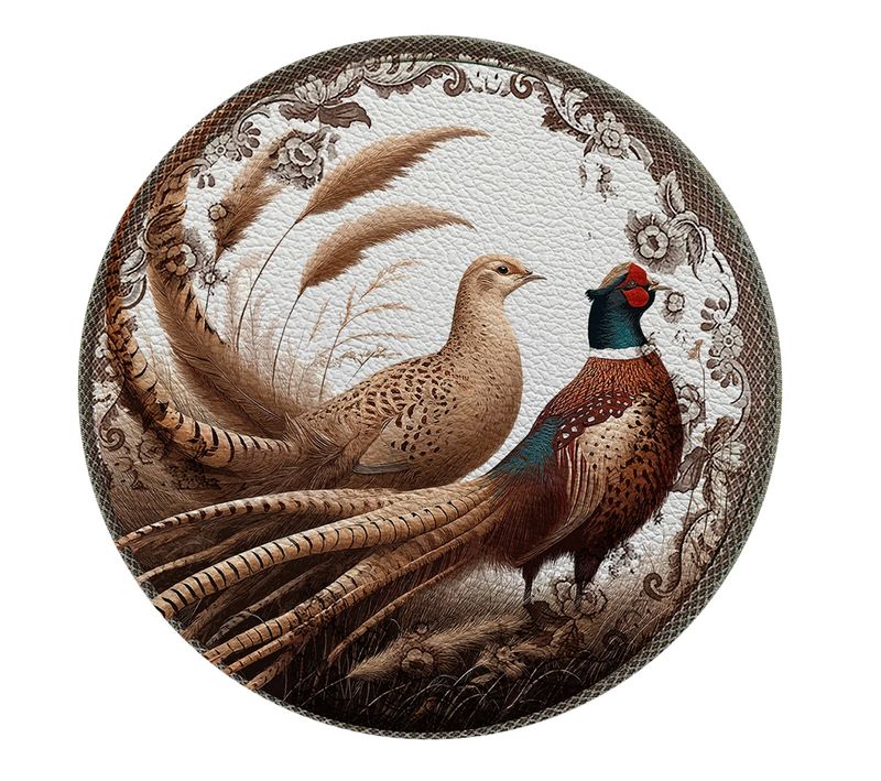 Woodland Pheasant Vegan Leather Round Pebble Placemat Set of 4