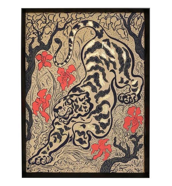 Tiger W/Red Flowers Framed Art 31&quot;X41&quot;