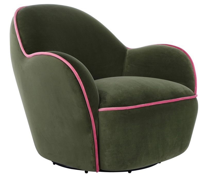 Velvet Upholstered Swivel Chair w/ Pink Piping