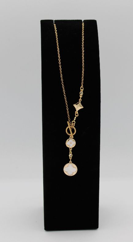 Double Toggle Necklace W/Pearl Flower