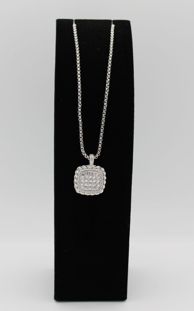 Adjustable Silver Necklace W/Square W/Diamond