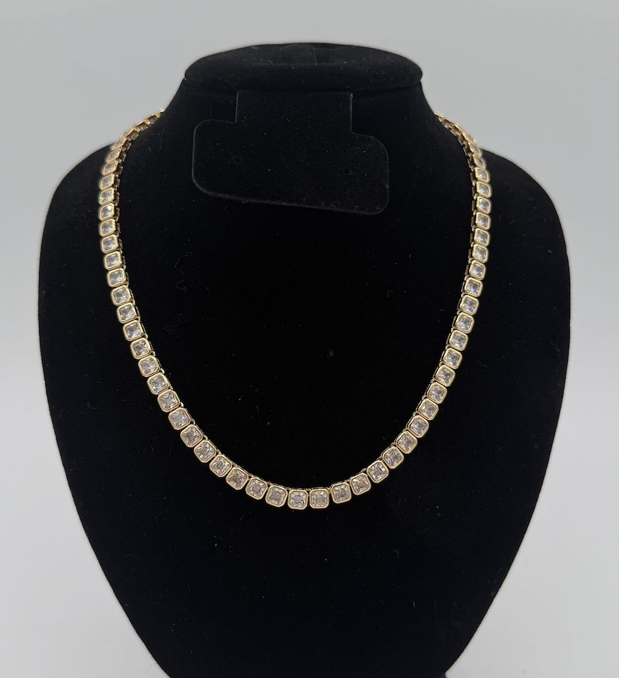 Gold Baguette Square Tennis Necklace