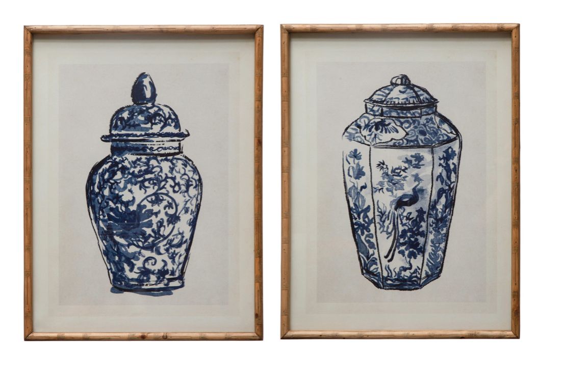 Wood Framed Glass Wall Décor w/ Cachepot, Blue &amp; White