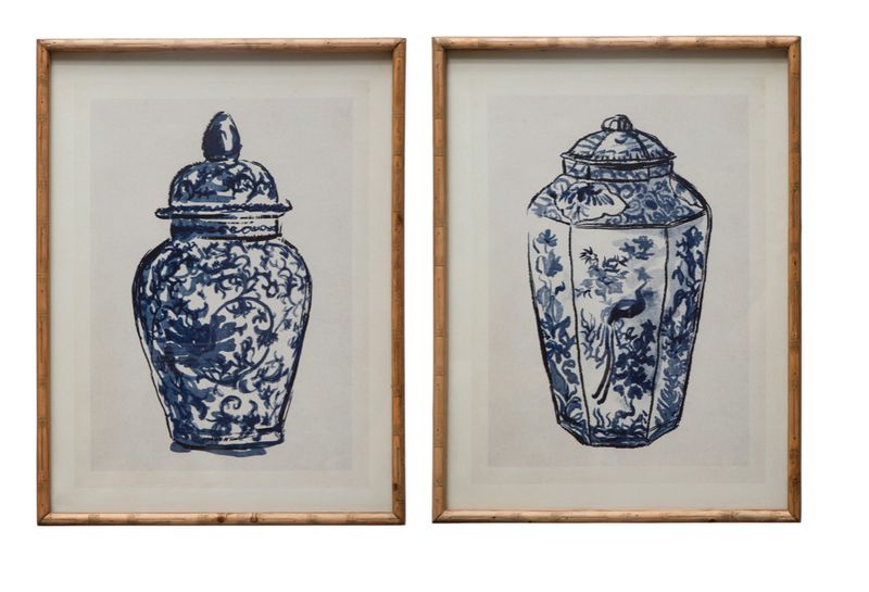 Wood Framed Glass Wall Décor w/ Cachepot, Blue &amp; White