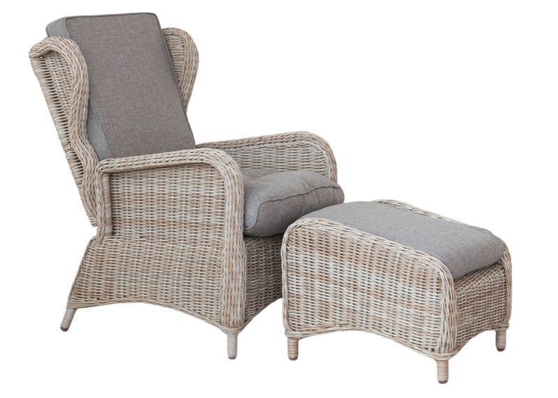Hand-Woven Wicker Reclining Indoor/Outdoor Chair w/ Ottoman, Set of 2