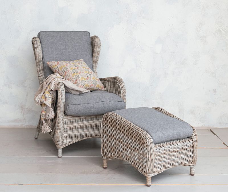 Hand-Woven Wicker Reclining Indoor/Outdoor Chair w/ Ottoman, Set of 2