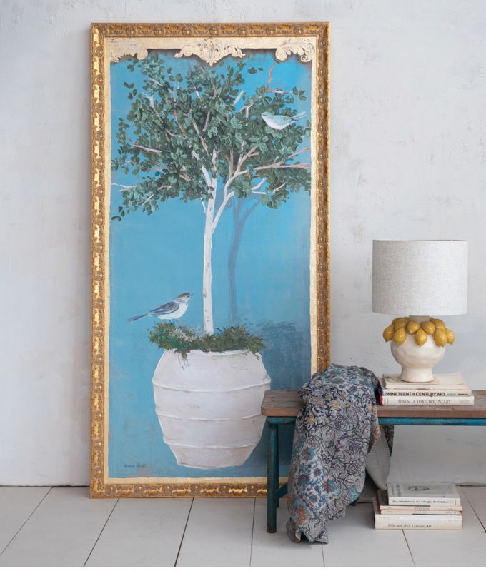 Hand-Painted Gold Wood Framed Canvas w/ Bird & Tree in Pot 72x36