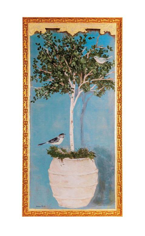 Hand-Painted Gold Wood Framed Canvas w/ Bird &amp; Tree in Pot 72x36