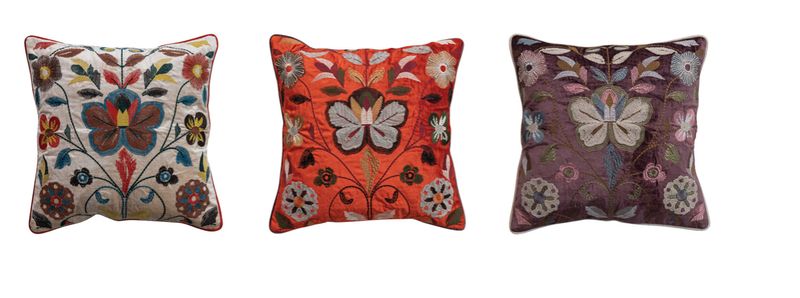 Embroidered Botanical Velvet Pillow 18"