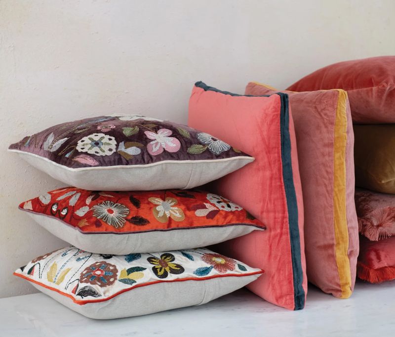 Embroidered Botanical Velvet Pillow 18"