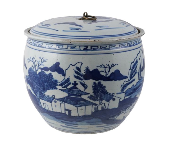 Hand-Painted Vintage Ginger Jar w/ Landscape &amp; Brass Ring