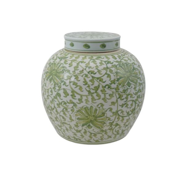Decorative Hand-Painted Ginger Jar w/ Floral Pattern, Green &amp; White