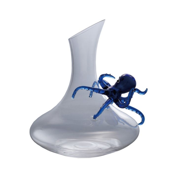 Blue &amp; White Octopus Hand-Blown Glass Decanter  40 oz.