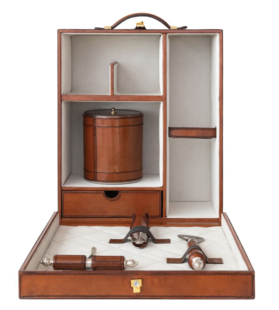 Travel Bar Trunk w/ Flocked Interior, Ice Bucket, Bottle Opener, Cork Screw, Tongs, Set of 5