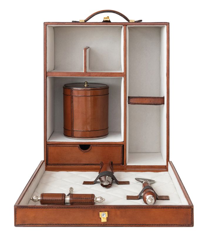 Travel Bar Trunk w/ Flocked Interior, Ice Bucket, Bottle Opener, Cork Screw, Tongs, Set of 5