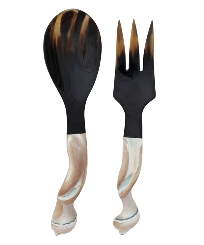 Natural Horn Servers w/ Shell Handles Set of 2