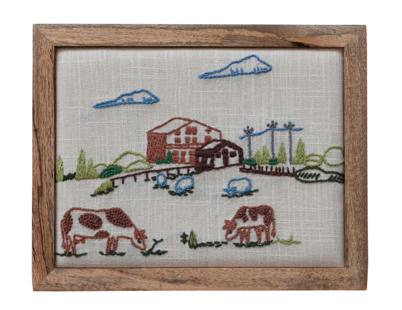 Wood Framed Cotton Embroidered Wall Decor with Farm &amp; Animals
